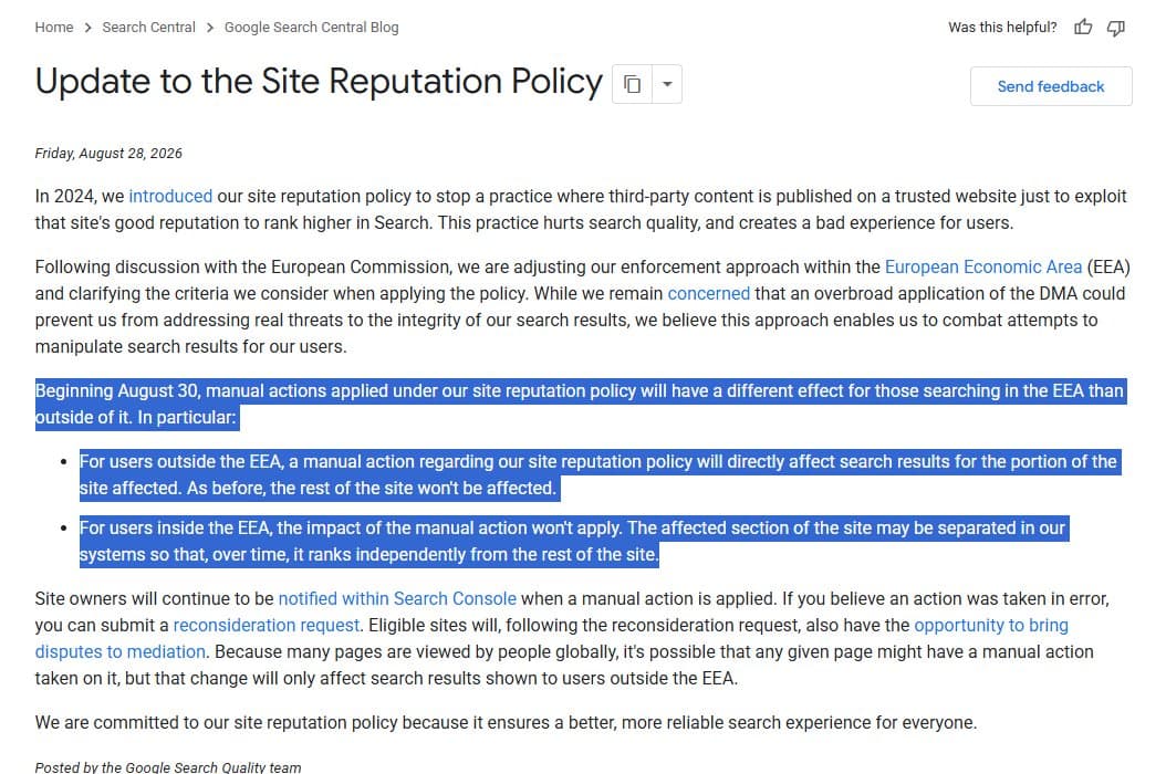 Screenshot of Google's updated site reputation abuse policy language, attached as primary-source proof.